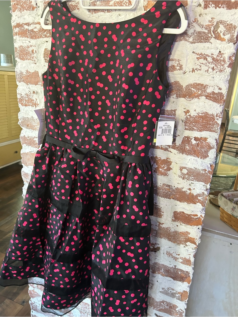 NWT TAYLOR Patterned & Striped Midi Dress with Pink Dots, Lined, w/Taffeta Under - Picture 6 of 16